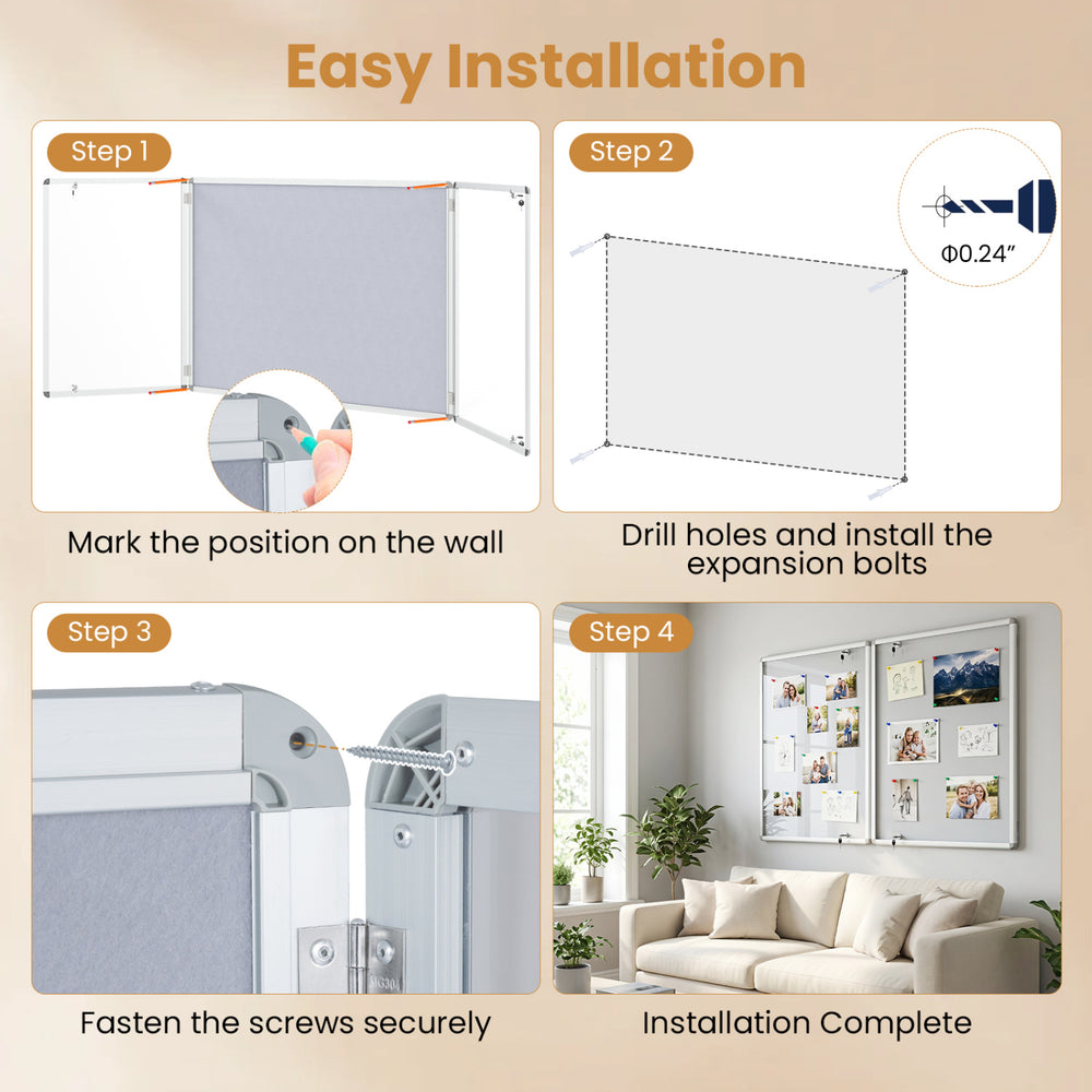 Enclosed bulletin board with a lockable aluminum frame features a grey felt surface and shatter-resistant PET doors for durability.