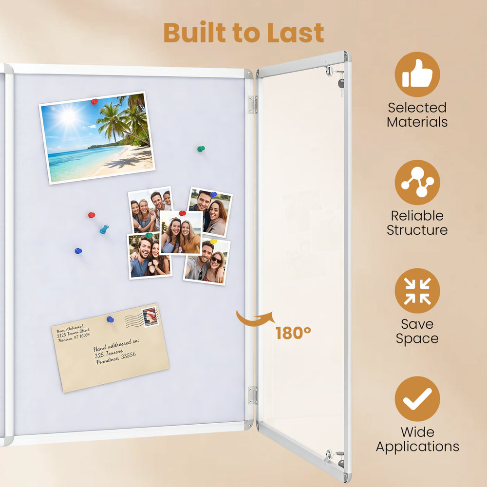 Lockable cork notice board with aluminum frame features a double door design and grey felt surface for secure display.