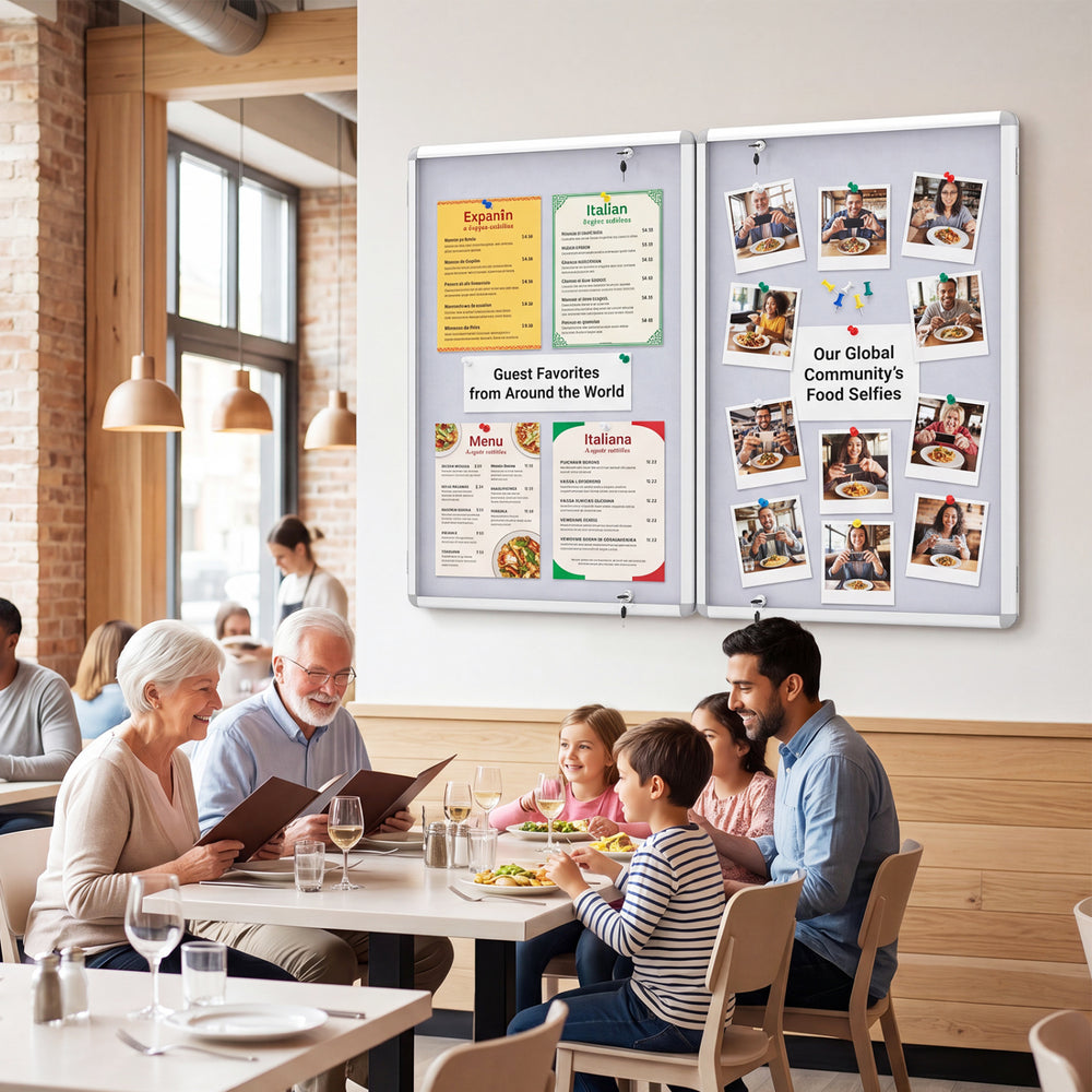 Lockable cork notice board with aluminum frame features double doors and grey felt surface for secure display in various settings.