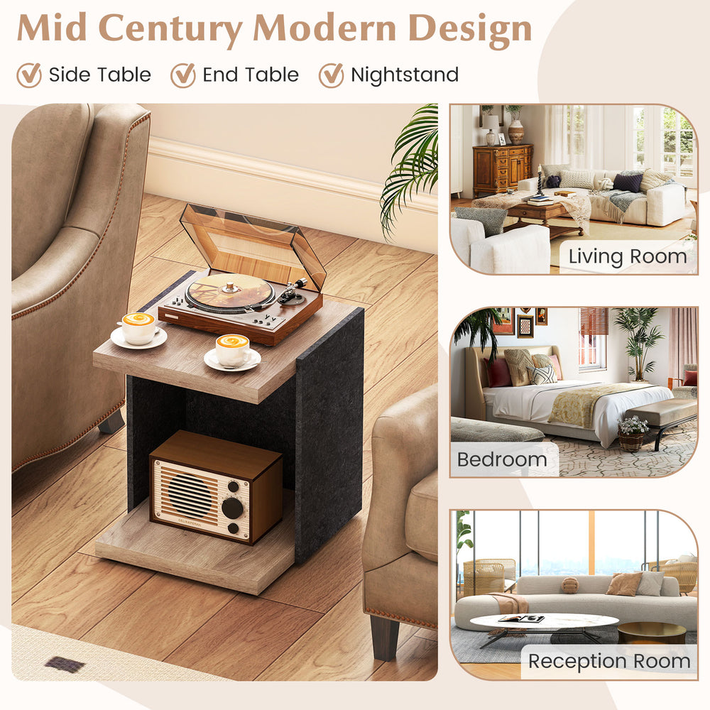 2-tier oak end table with open storage shelf, perfect for living room or bedroom, featuring mid-century modern design.