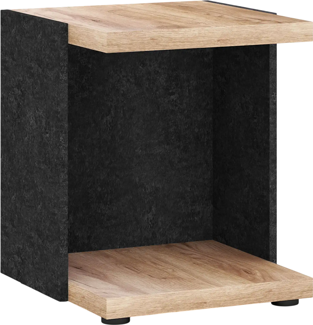 2-tier end table featuring an oak top and black sides, perfect for living room or bedroom storage and display.