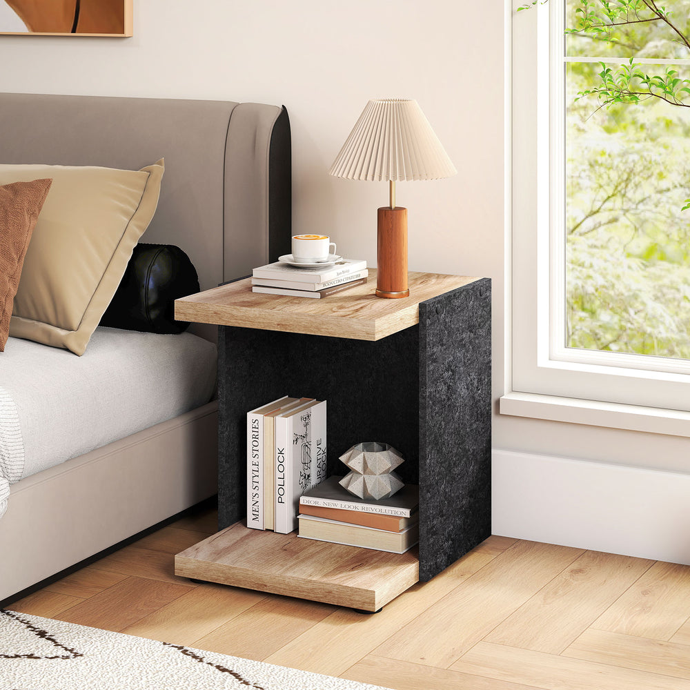 2-tier oak end table with open storage shelf, perfect for lamps and decor in a living room or bedroom setting.