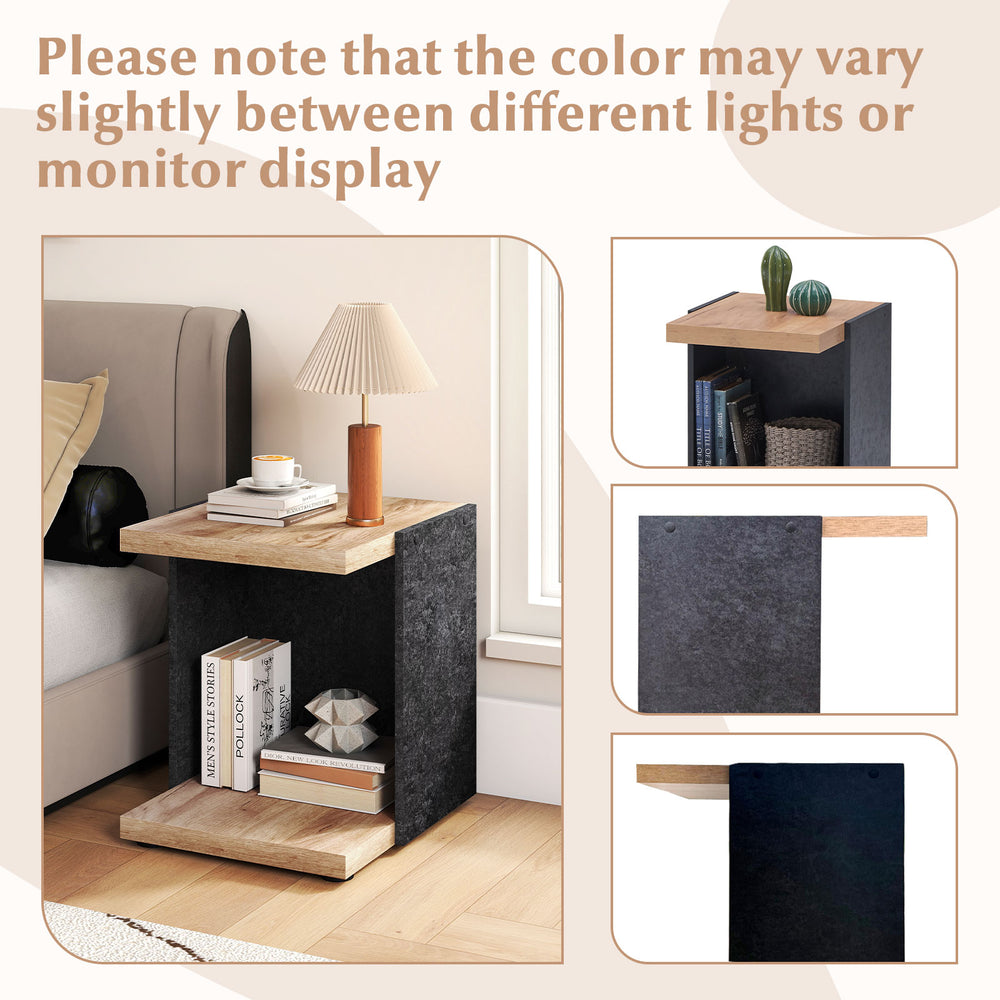 2-tier end table with oak finish and open storage shelf, perfect for living room or bedroom decor.