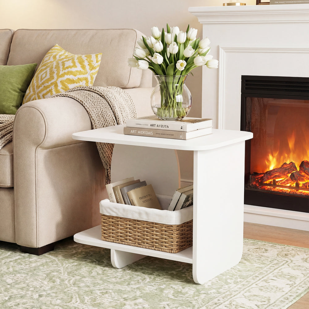 White 2-tier end table featuring rounded corners and a storage shelf, perfect for small spaces in living rooms or.