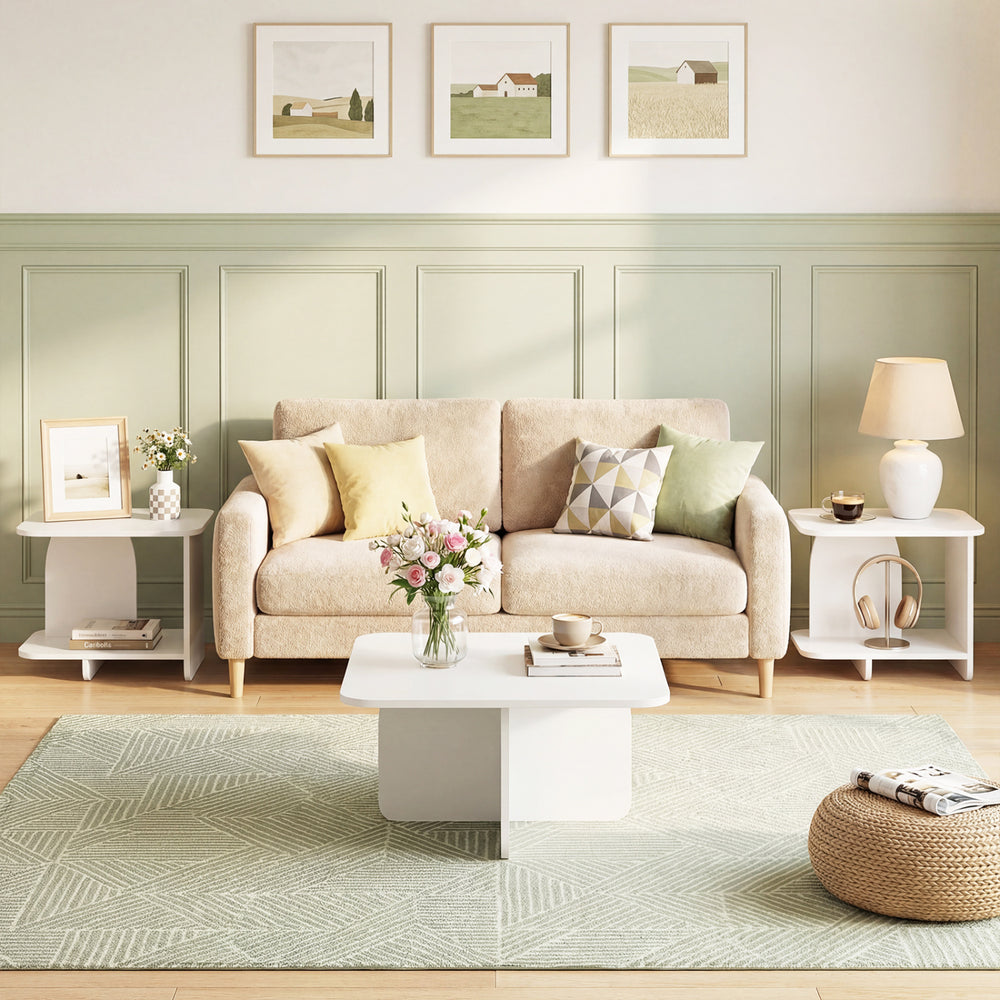 White 2-tier end table with rounded corners and storage shelves, perfect for small spaces in living rooms or bedrooms.