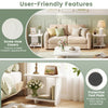 End table featuring a white finish, 2-tier storage, screw hole covers, and protective foot pads for floor protection.