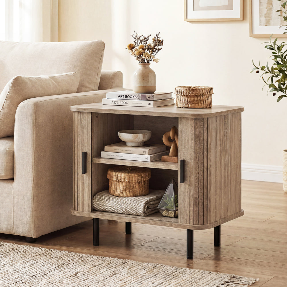 End Table Modern Mid Century Nightstand with Sliding Tambour Doors and Storage Shelf-Natural - Gallery View 1 of 9