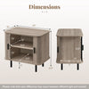 End table with dimensions, featuring sliding tambour doors, natural finish, and sturdy metal legs for bedside storage.