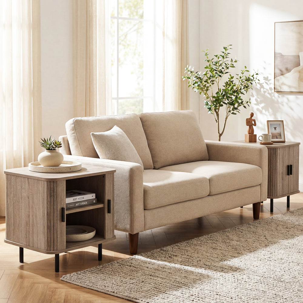 Modern mid-century nightstand with sliding tambour doors, natural finish, and spacious storage for elegant bedside.