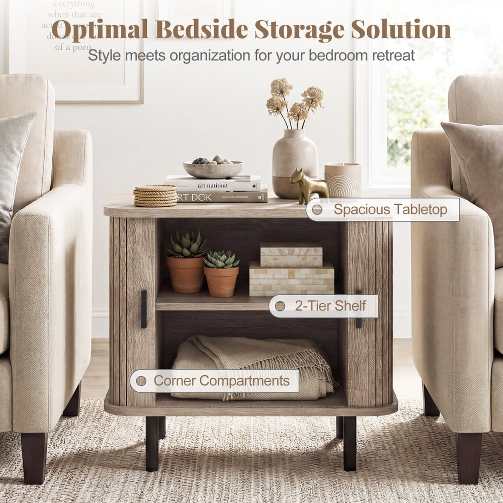 Modern mid-century nightstand with spacious tabletop, 2-tier shelf, and sliding tambour doors for stylish bedside.