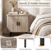 Modern mid-century nightstand with sliding tambour doors, sturdy metal legs, and ample storage for bedside organization.