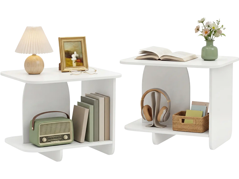 Set of 2 white end tables featuring a rectangle tabletop and 2-tier storage shelves, ideal for living room or bedroom.