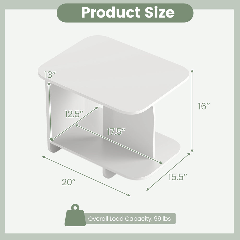 2-tier white end table with rounded corners and dimensions, ideal for living room or bedroom storage solutions.