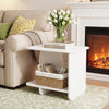 White 2-tier end table with rounded corners, featuring a storage shelf and protective foot pads for versatile use.