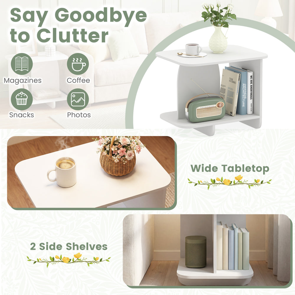 White 2-tier end table set with a wide tabletop and 2 side shelves, perfect for living room or bedroom storage.