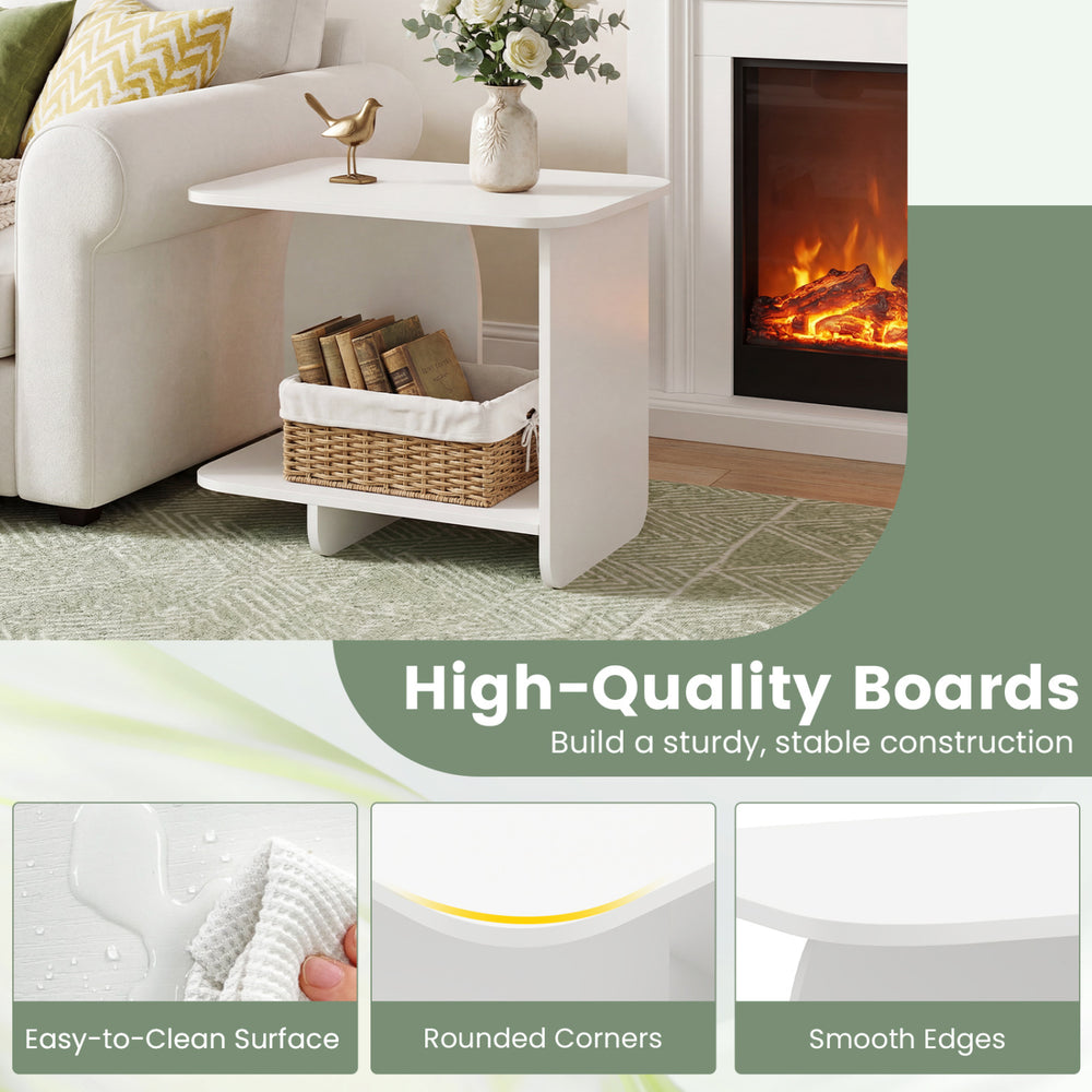 White 2-tier end table set with rounded corners and storage shelf, perfect for living room or bedroom use.