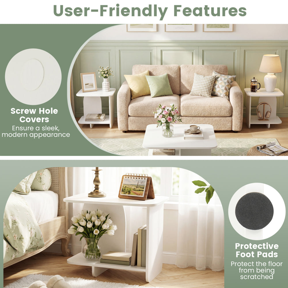 2-tier white end table set with rounded corners, screw hole covers, and protective foot pads for versatile storage.