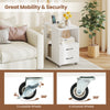 End table on wheels featuring a built-in charging station, two lockable wheels, and ample storage space for versatile.