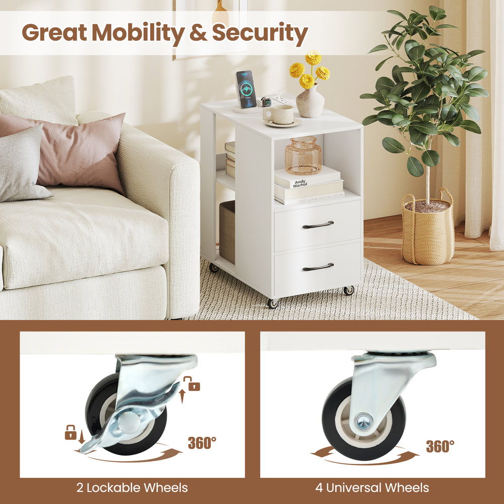End table on wheels featuring a built-in charging station, two lockable wheels, and ample storage space for versatile.