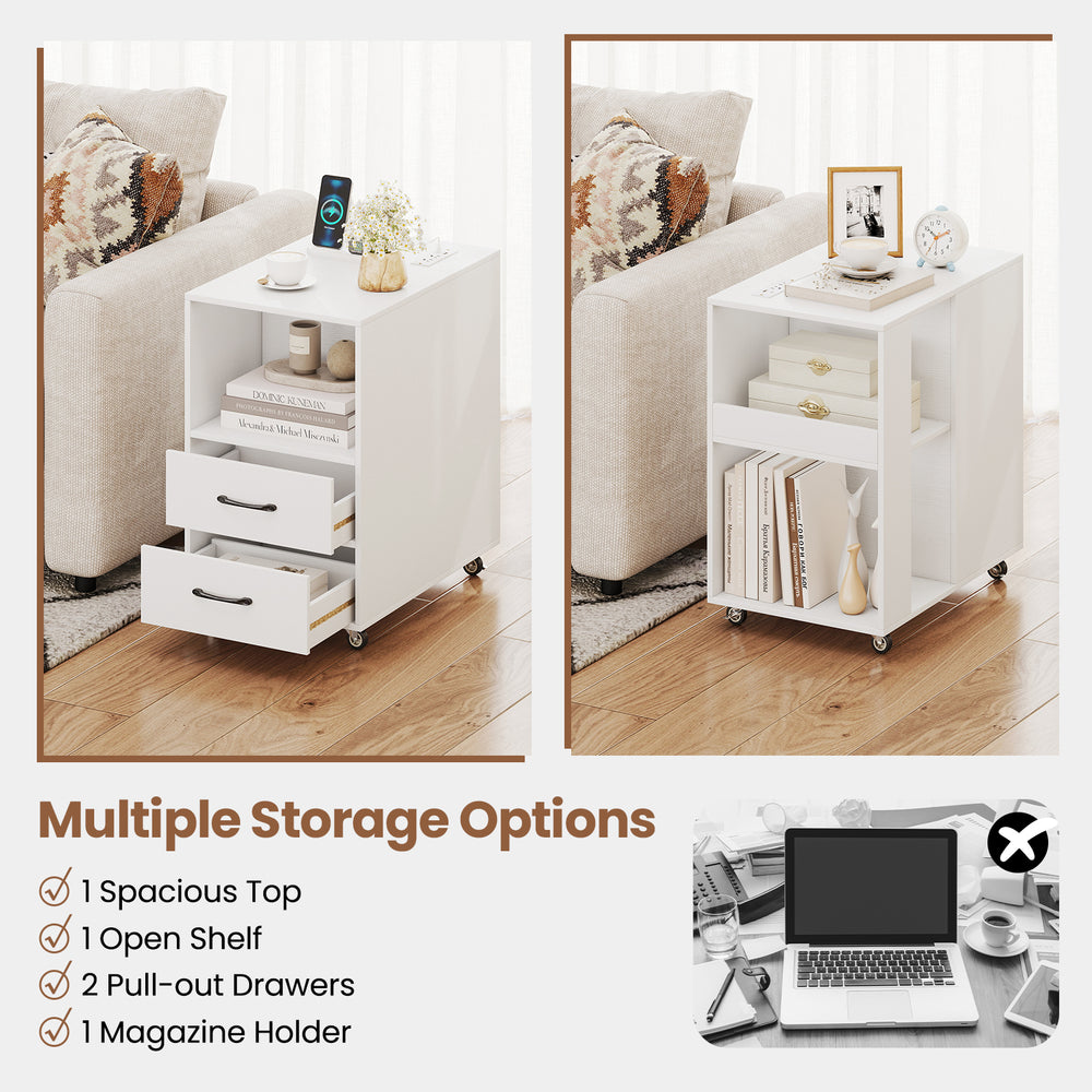 End table on wheels with built-in charging station, spacious top, and two pull-out drawers for versatile storage.