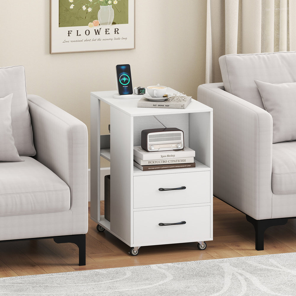 End Table with Built-in Charging Station Sofa Side Bedside Table on Wheels-White - Gallery View 1 of 10