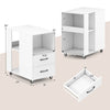 White end table with dimensions shown, featuring built-in charging station, two drawers, and three open shelves for.