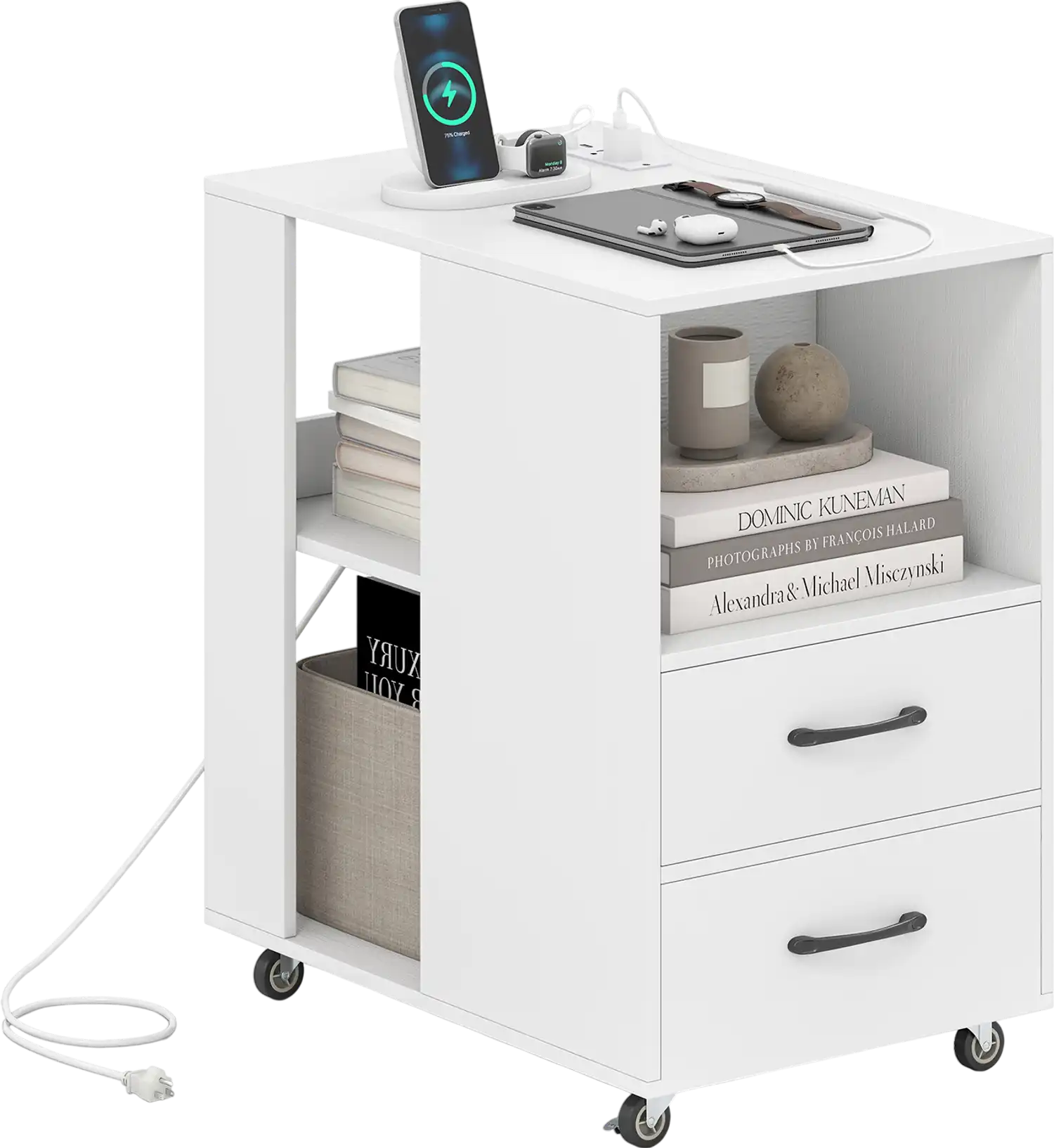 Costway End Table Built-in Charging Station Sofa Side Bedside Table on Wheels 36839718 New