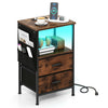 End table with charging station, featuring 2 fabric drawers, open shelving, and LED lights for versatile storage and.