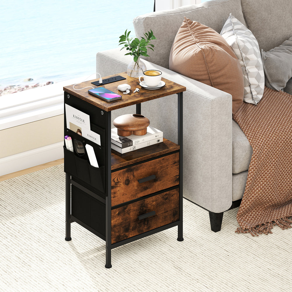 End table with charging station, featuring a spacious tabletop, two folding fabric drawers, and side storage pouches.