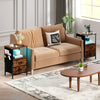 End table with charging station featuring a spacious tabletop, two folding fabric drawers, and built-in USB ports for.