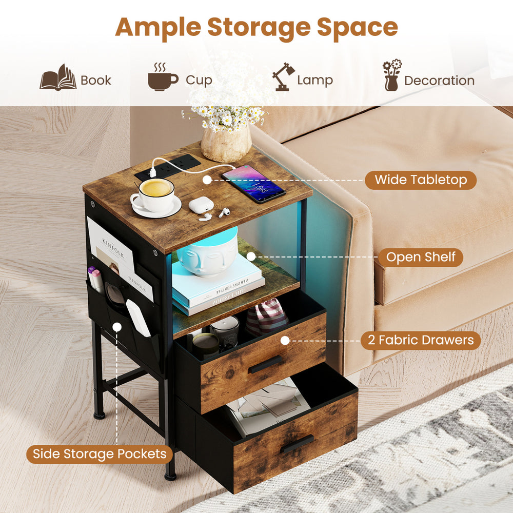 End table with spacious tabletop, 2 fabric drawers, and built-in charging station for convenient organization and.