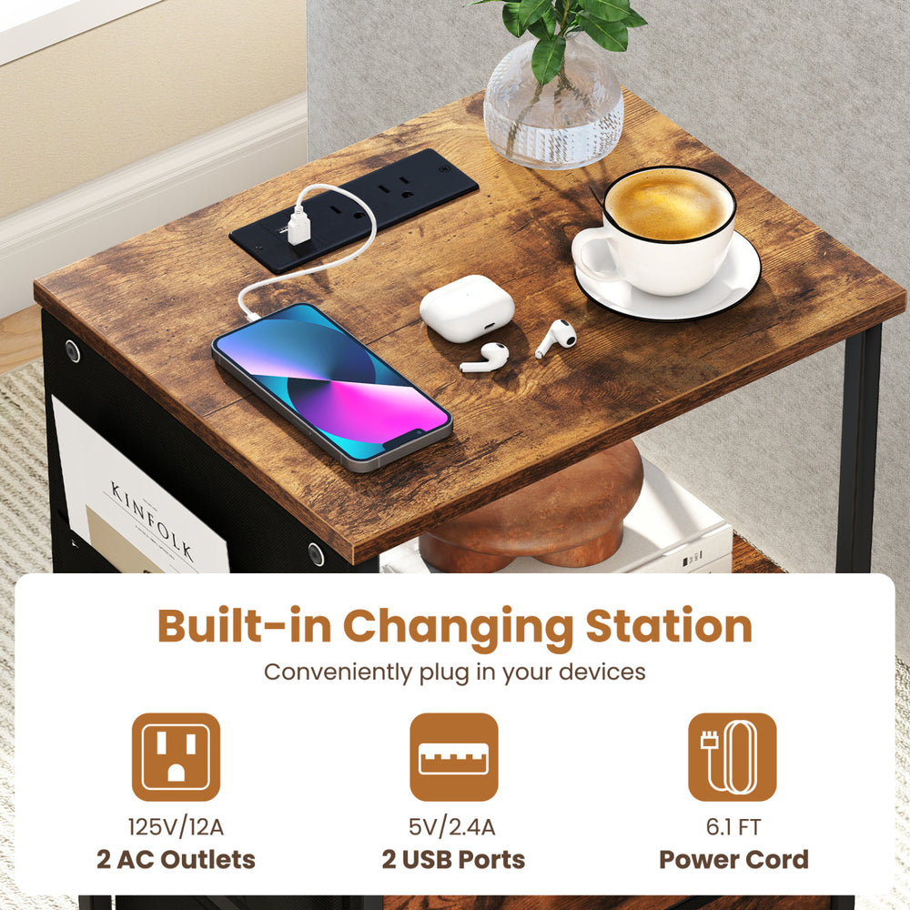 End table with charging station featuring 2 AC outlets, 2 USB ports, and spacious tabletop for personal items.
