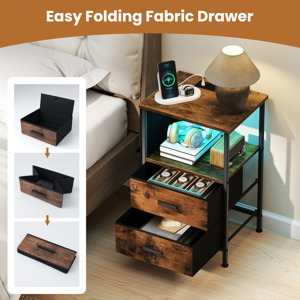 End table with charging station featuring a spacious tabletop, two folding fabric drawers, and LED lighting for.
