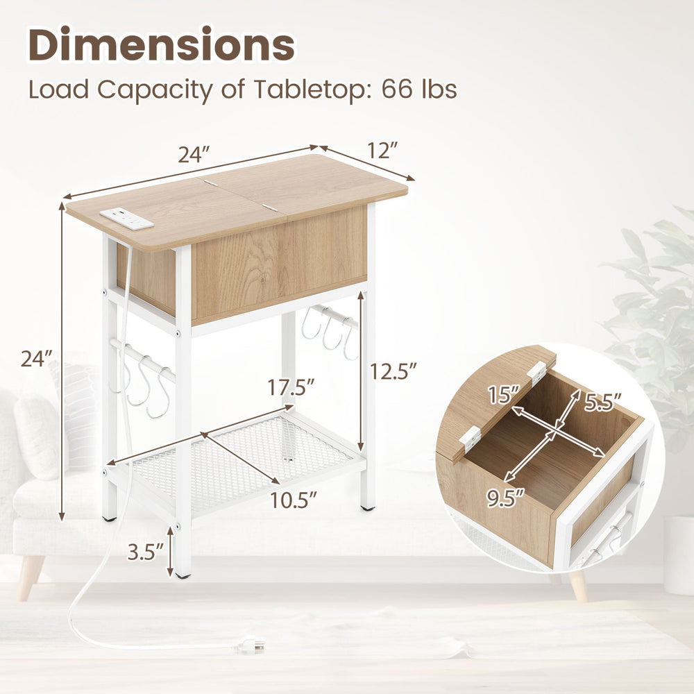 End table with charging station, flip top design, and dimensions for versatile storage and organization.
