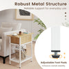 End table with flip top, natural wood finish, integrated charging station, and adjustable foot pads for stability.