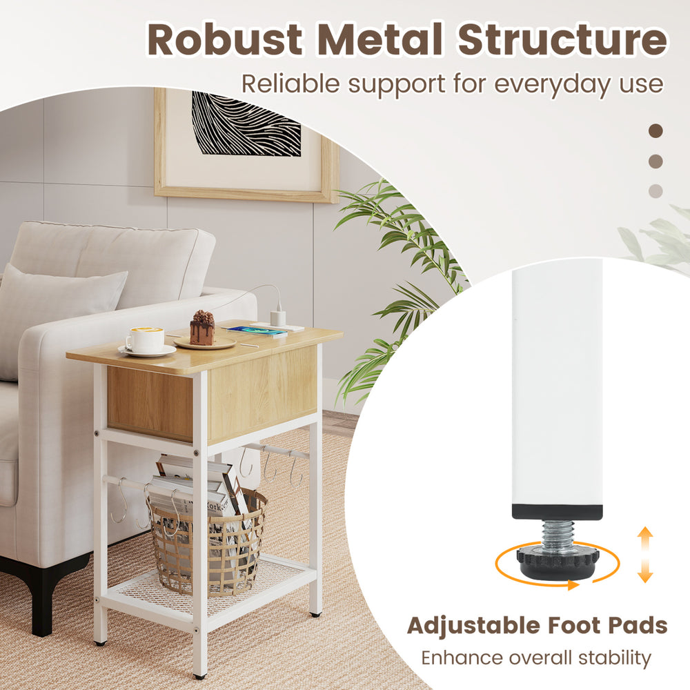 End table with flip top, natural wood finish, integrated charging station, and adjustable foot pads for stability.