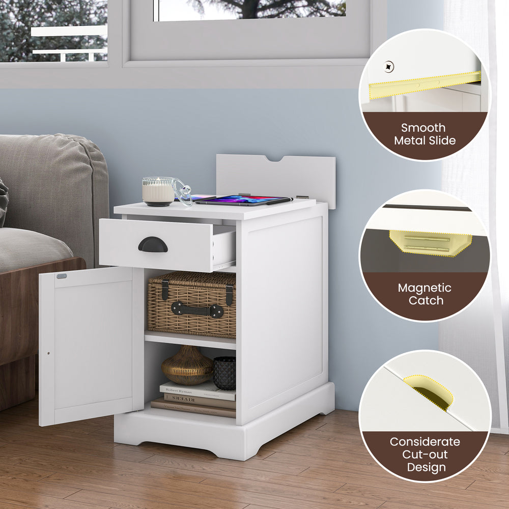 White end table with charging station, featuring a flip top, slide-out drawer, and cabinet for organized storage.