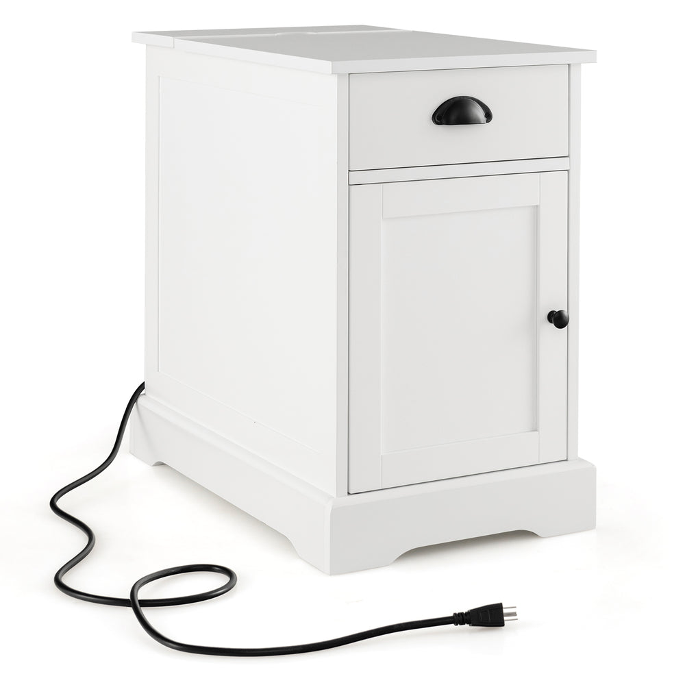 White end table with charging station, featuring a flip top, drawer, and cabinet for organized storage in limited.