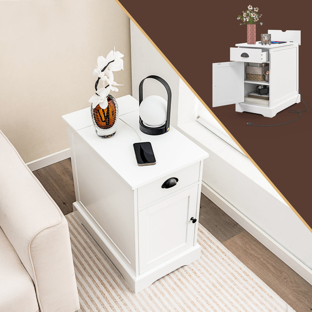 White end table with charging station, featuring 2 outlets, USB ports, and a slide-out drawer for convenient storage.
