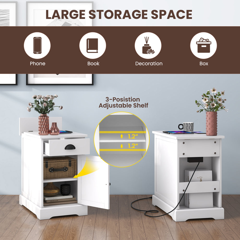 End table with charging station, featuring a flip top, drawer, and adjustable shelf for convenient storage in white.