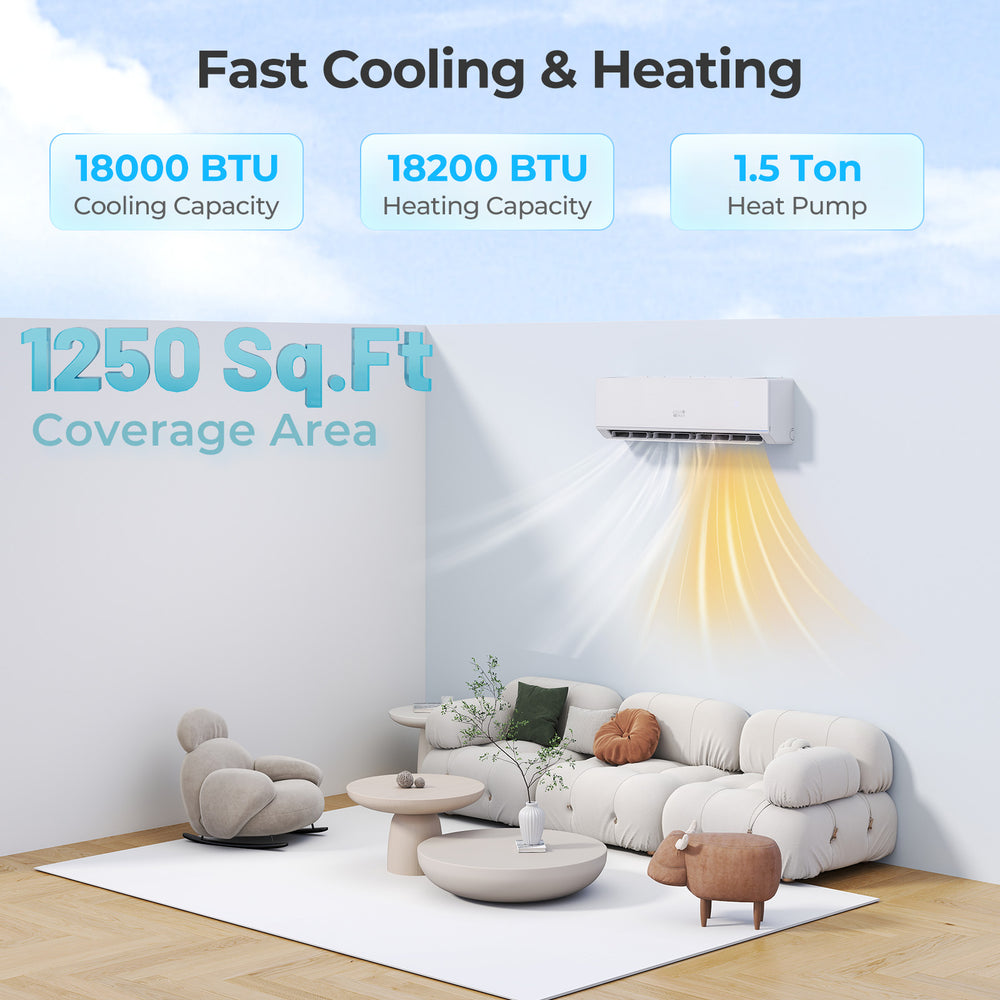 SEERXtreme Series 18000 BTU mini split heat pump in a cozy living room, providing efficient cooling and heating.