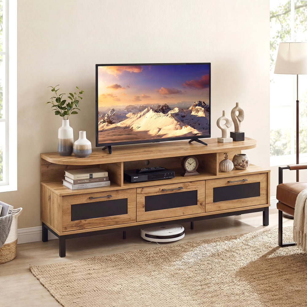 Entertainment Center with 3 Storage Drawers and Open Shelves-Natural - Gallery View 1 of 11