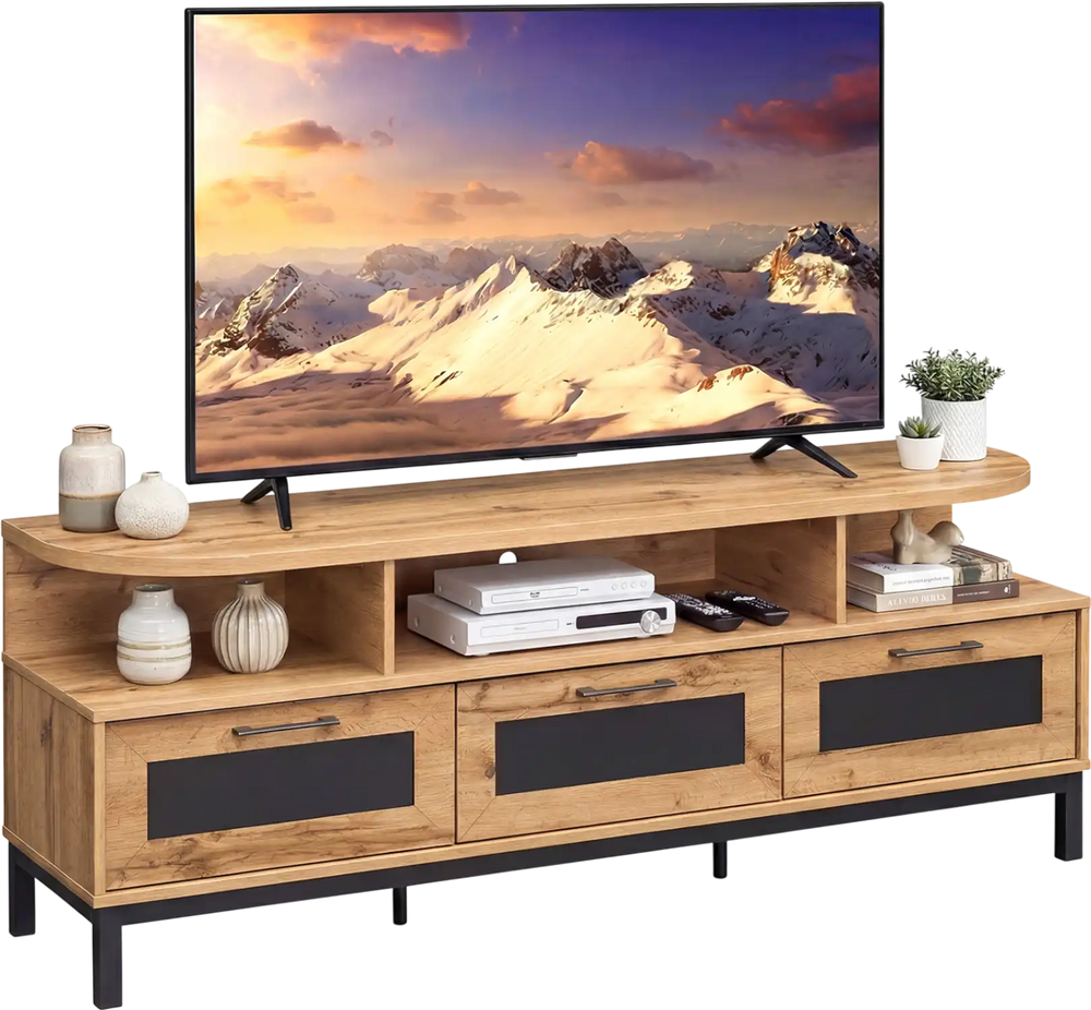 Entertainment center in natural finish with 3 storage drawers and open shelves, suitable for TVs up to 75 inches.