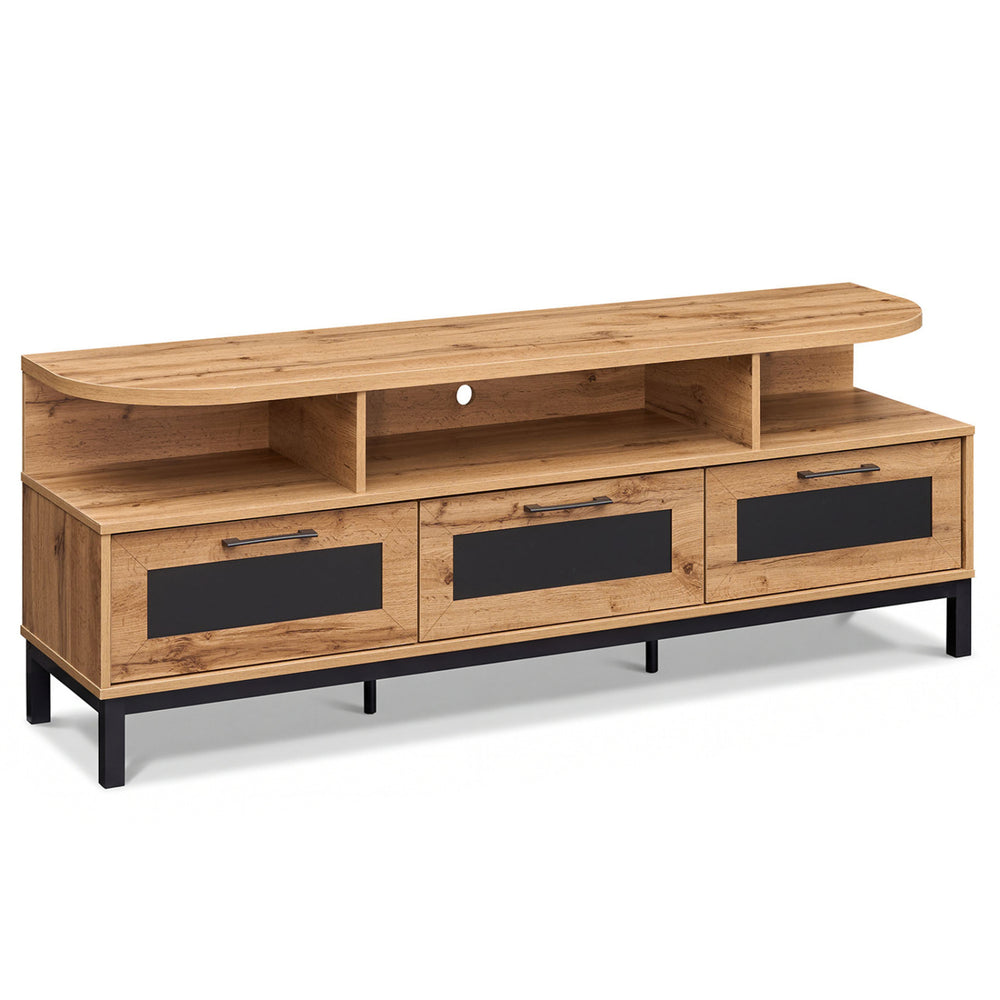 Entertainment center with rounded corners in natural finish, featuring open shelves and spacious tabletop for media.