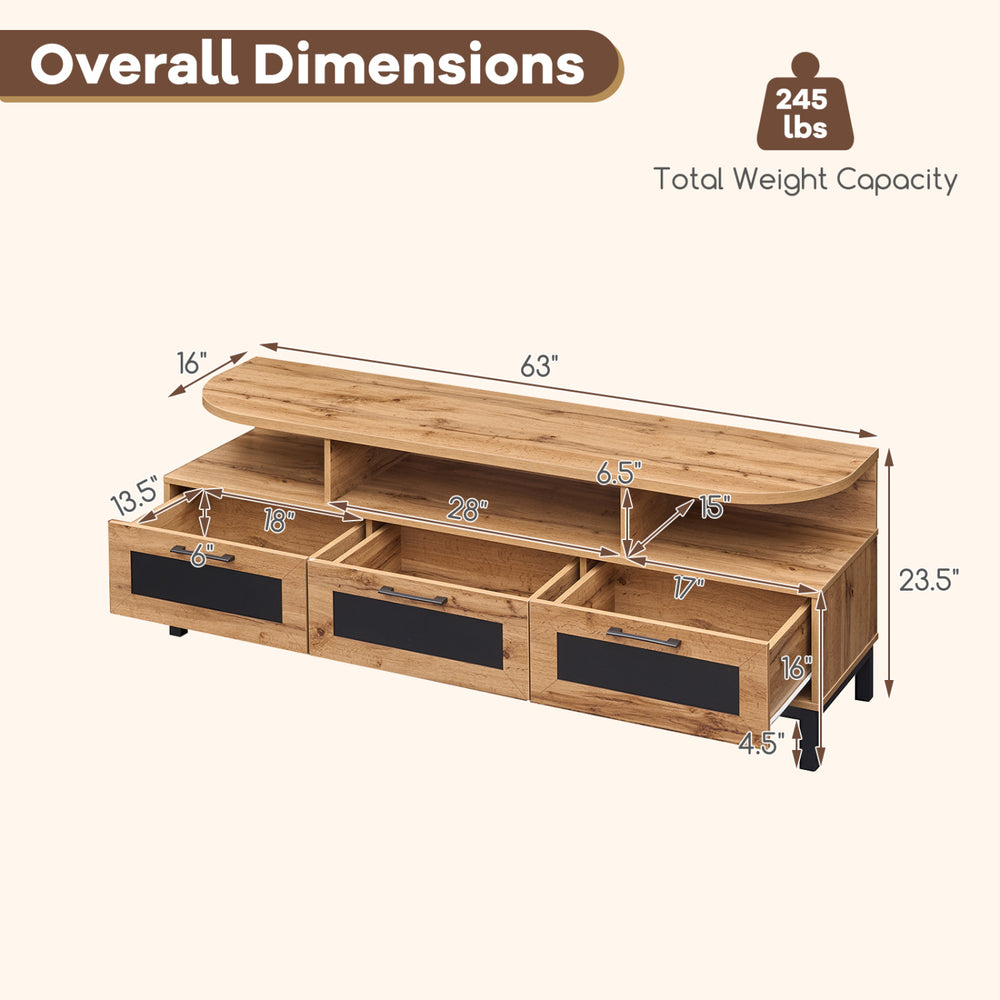 Entertainment center dimensions showing natural wood finish, three storage drawers, and open shelves for versatile use.