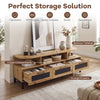 Entertainment center in natural finish with 3 large drawers and open shelves, ideal for TVs and various storage needs.