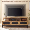 Entertainment center in natural finish with 3 storage drawers and open shelves, suitable for TVs up to 75", ideal for.