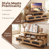 Entertainment center with natural finish, featuring 3 storage drawers and open shelves, ideal for living room or.