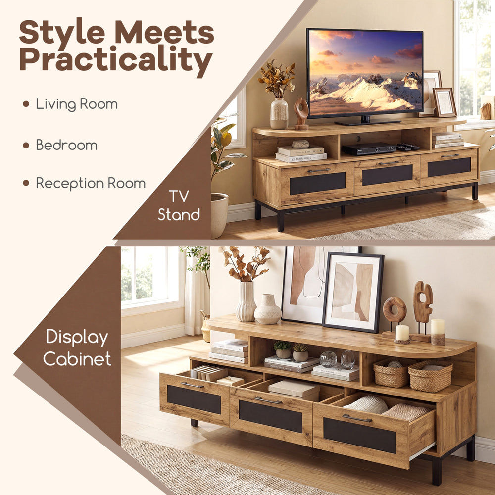 Entertainment center with natural finish, featuring 3 storage drawers and open shelves, ideal for living room or.