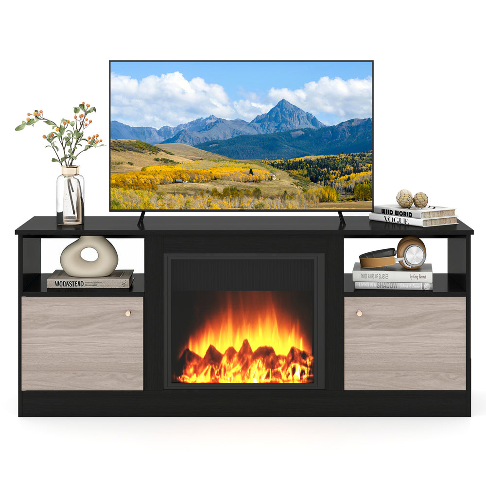 Entertainment center in black with adjustable shelf, two cabinets, and RGB LED lighting for 65” TVs, perfect for.